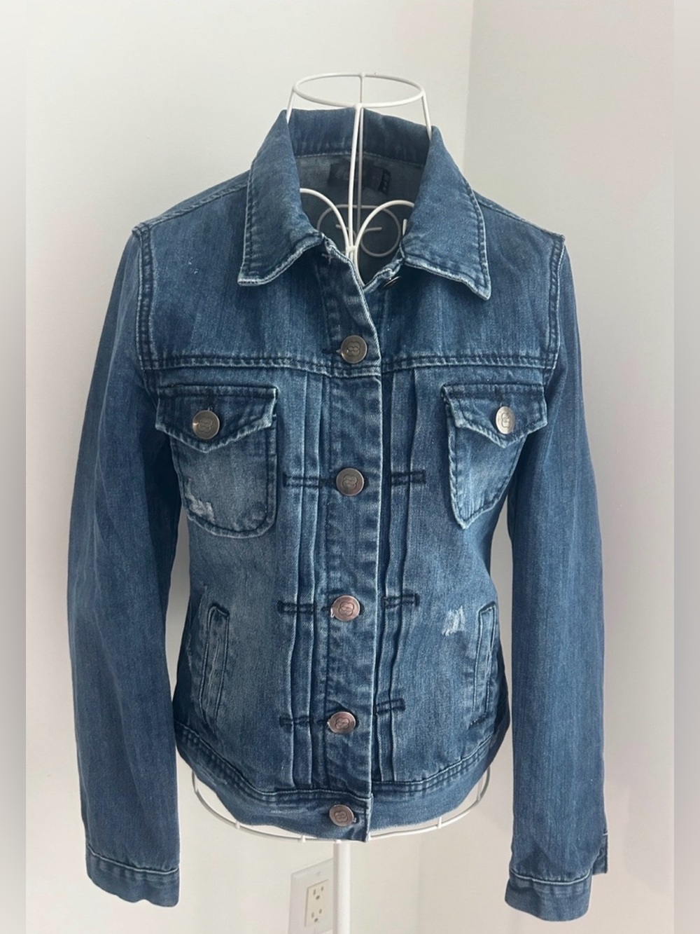 Costa Blanca Distressed Pleated Jean Jacket Medium Wash Y2K Vintage Style /M